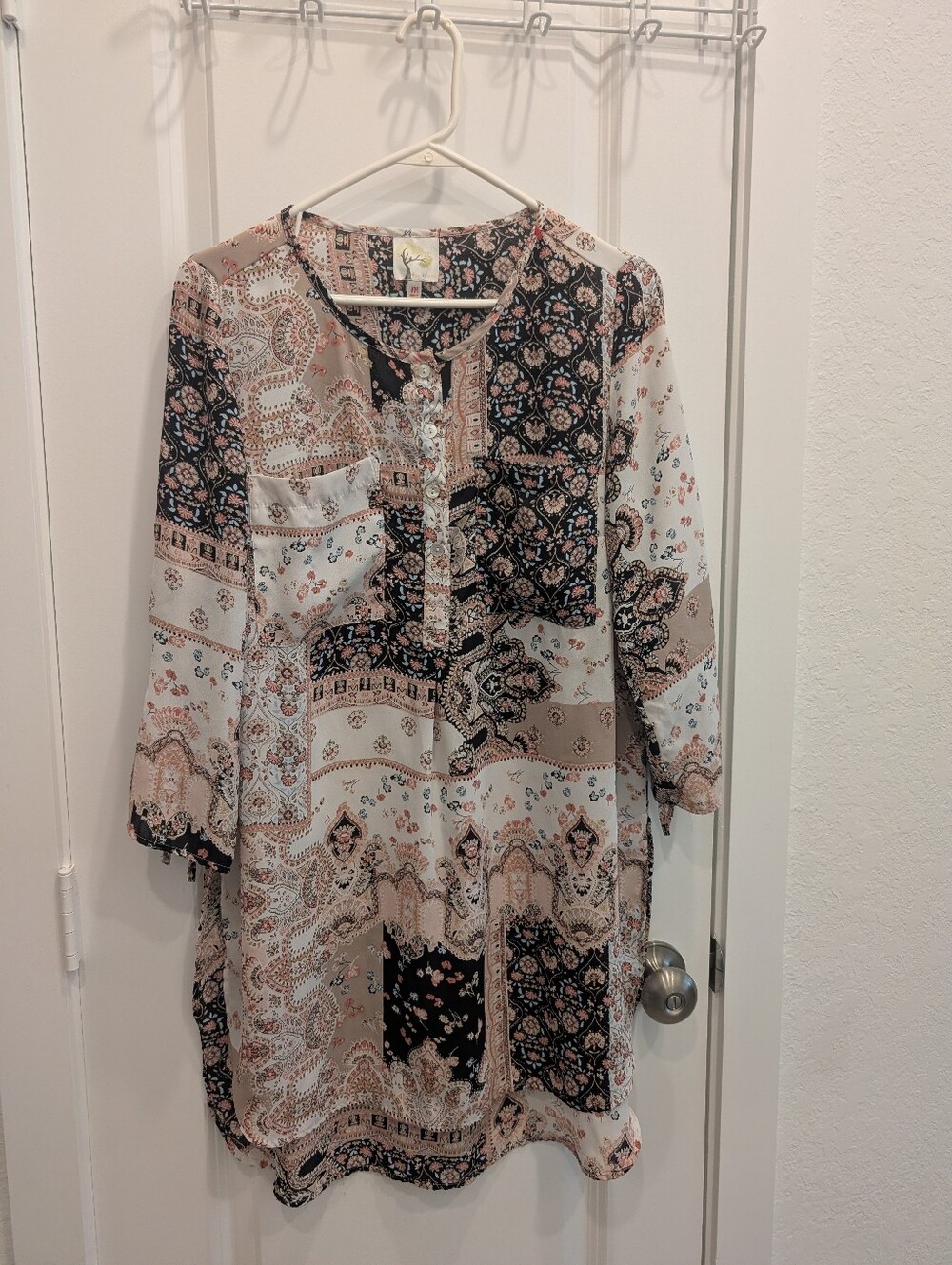 Boho Patchwork Print Tunic Top in Pink and Black